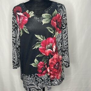 Alfred Dunner Floral Paisley Print 3/4 Sleeve Top with Studded Neckline | Size M